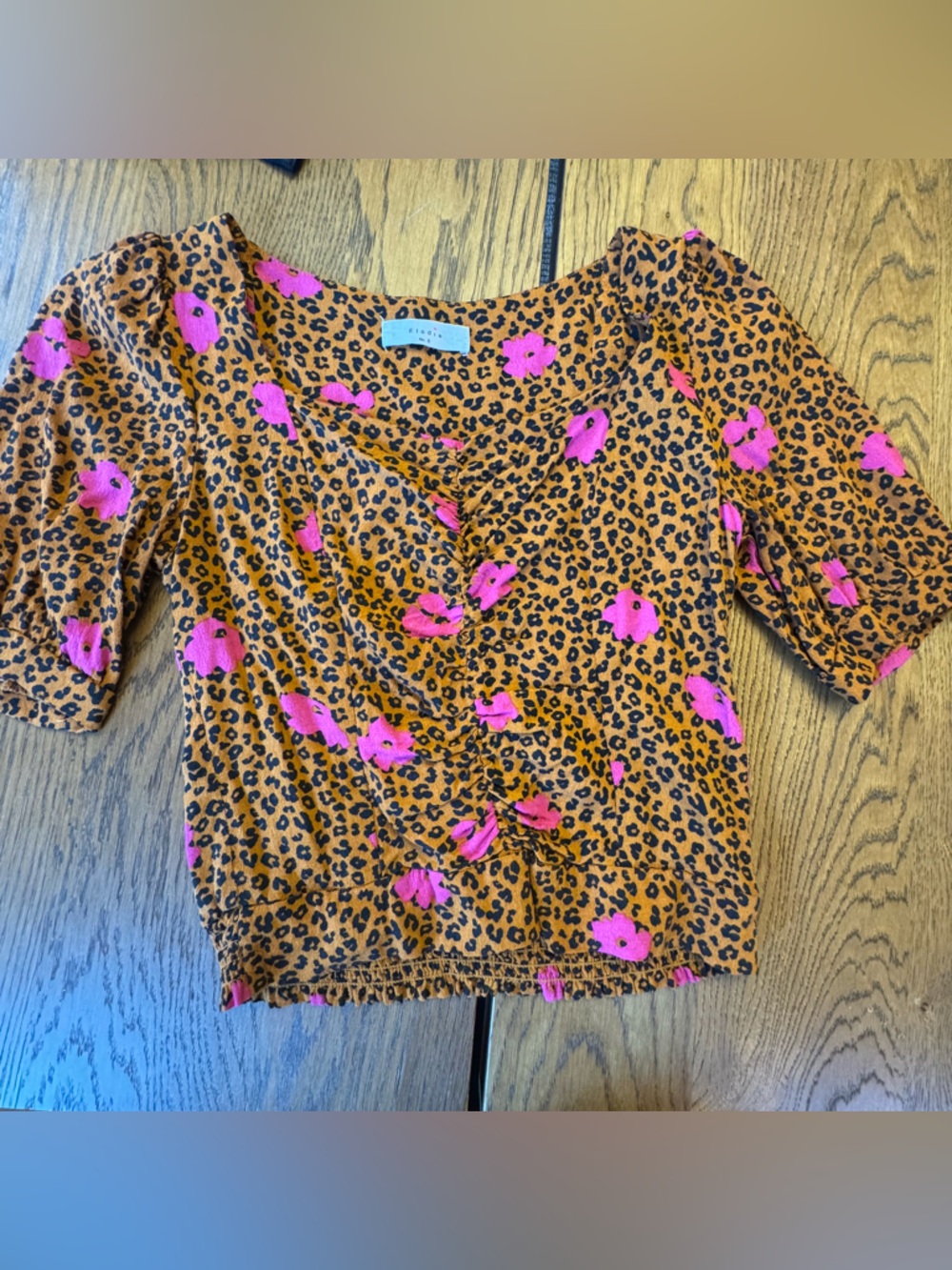 Elodie Brown Leopard Print Top with Hot Pink Floral Accents Small rouched Smock